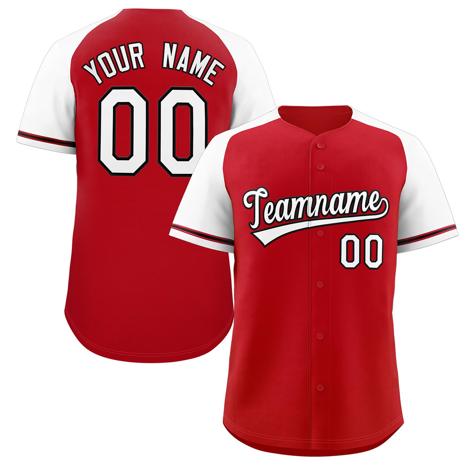 Maillot de baseball authentique à manches raglan rouge blanc-noir personnalisé