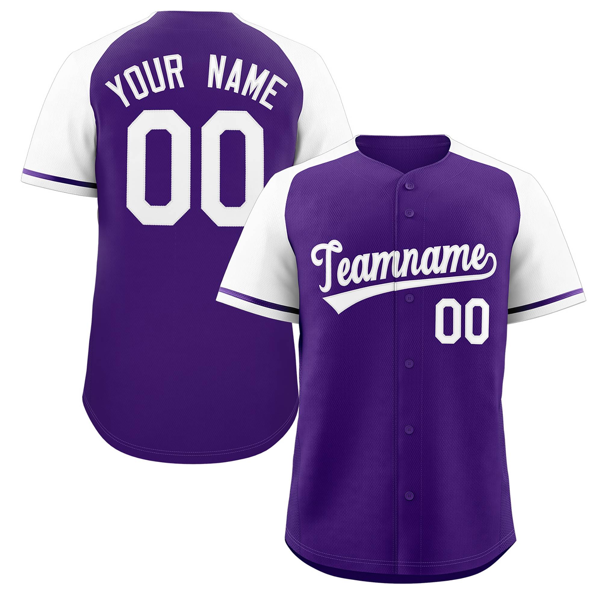 Maillot de baseball authentique à manches raglan blanc violet personnalisé