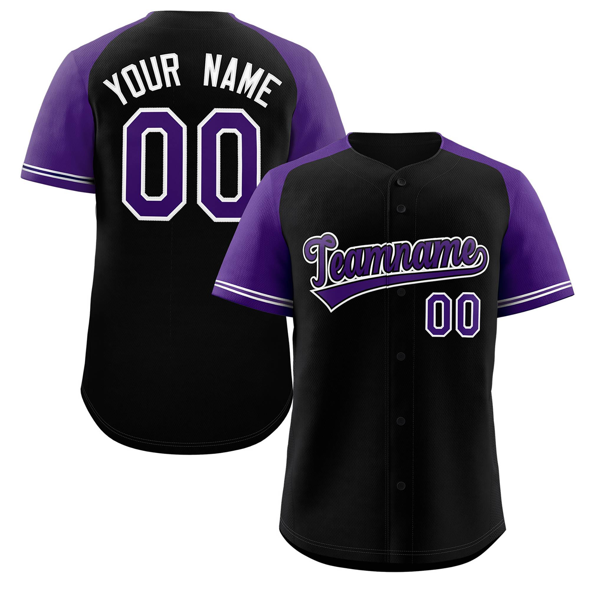 Maillot de baseball authentique à manches raglan noir violet-blanc personnalisé