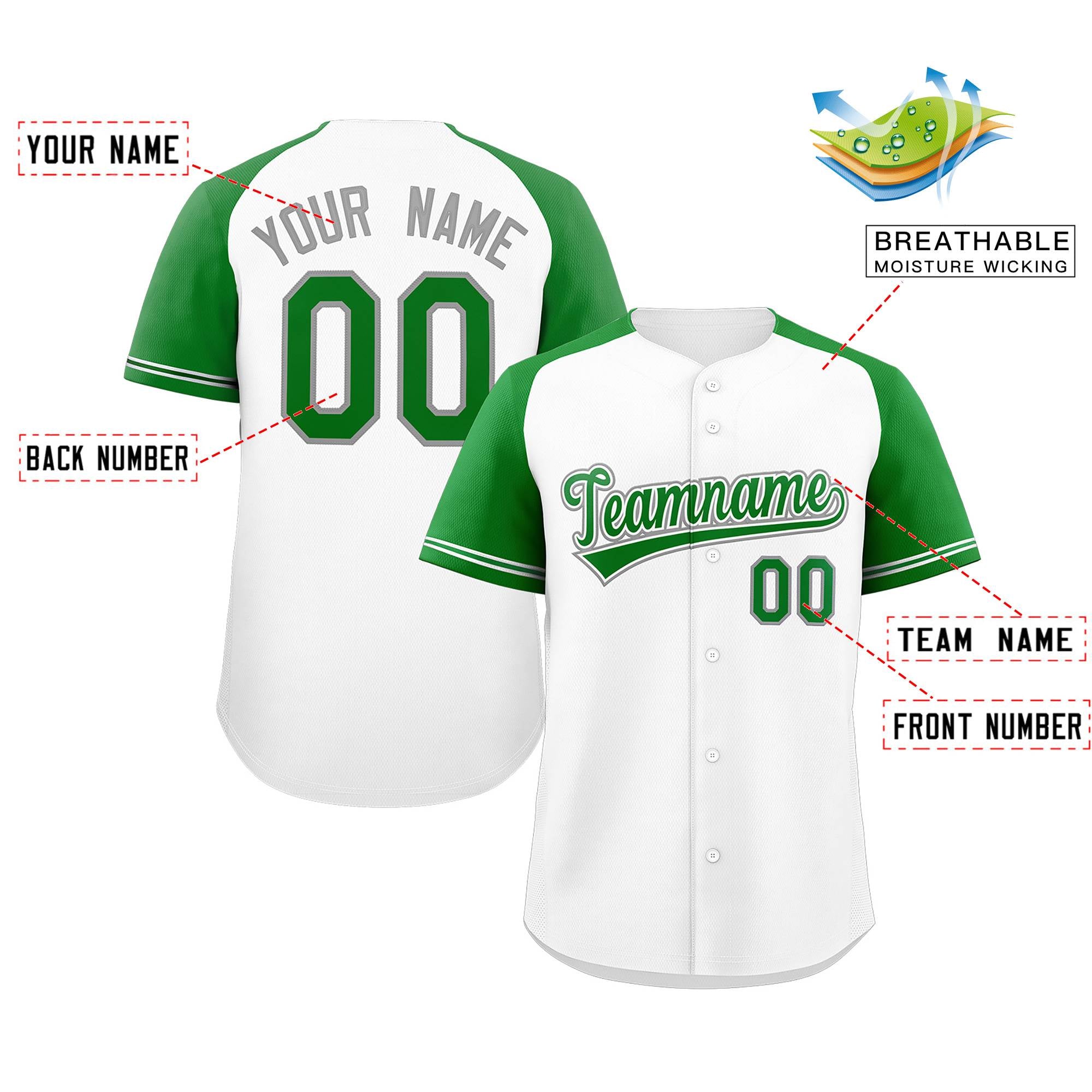 Maillot de baseball authentique à manches raglan blanc vert-blanc personnalisé