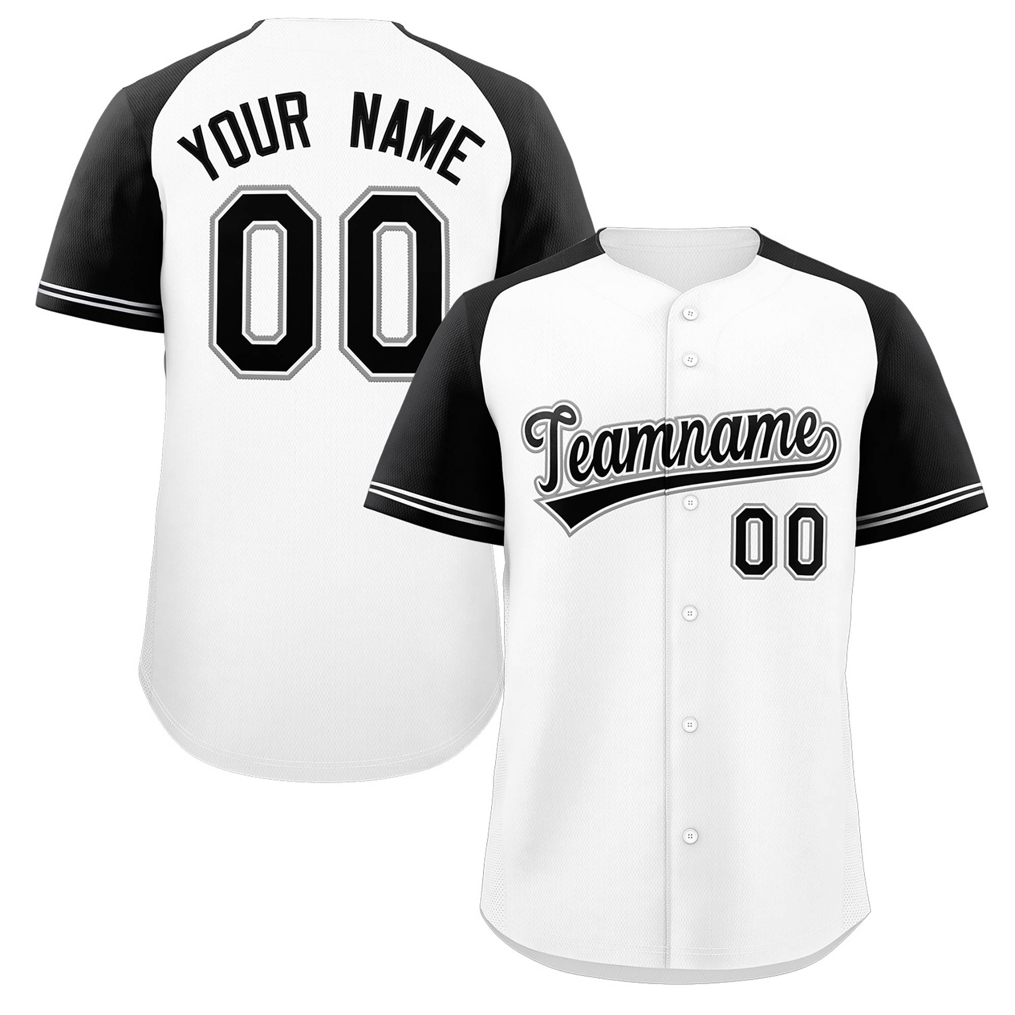 Maillot de baseball authentique à manches raglan blanc noir-blanc personnalisé