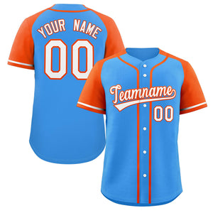 Maillot de baseball authentique à manches raglan bleu poudre blanc-orange personnalisé