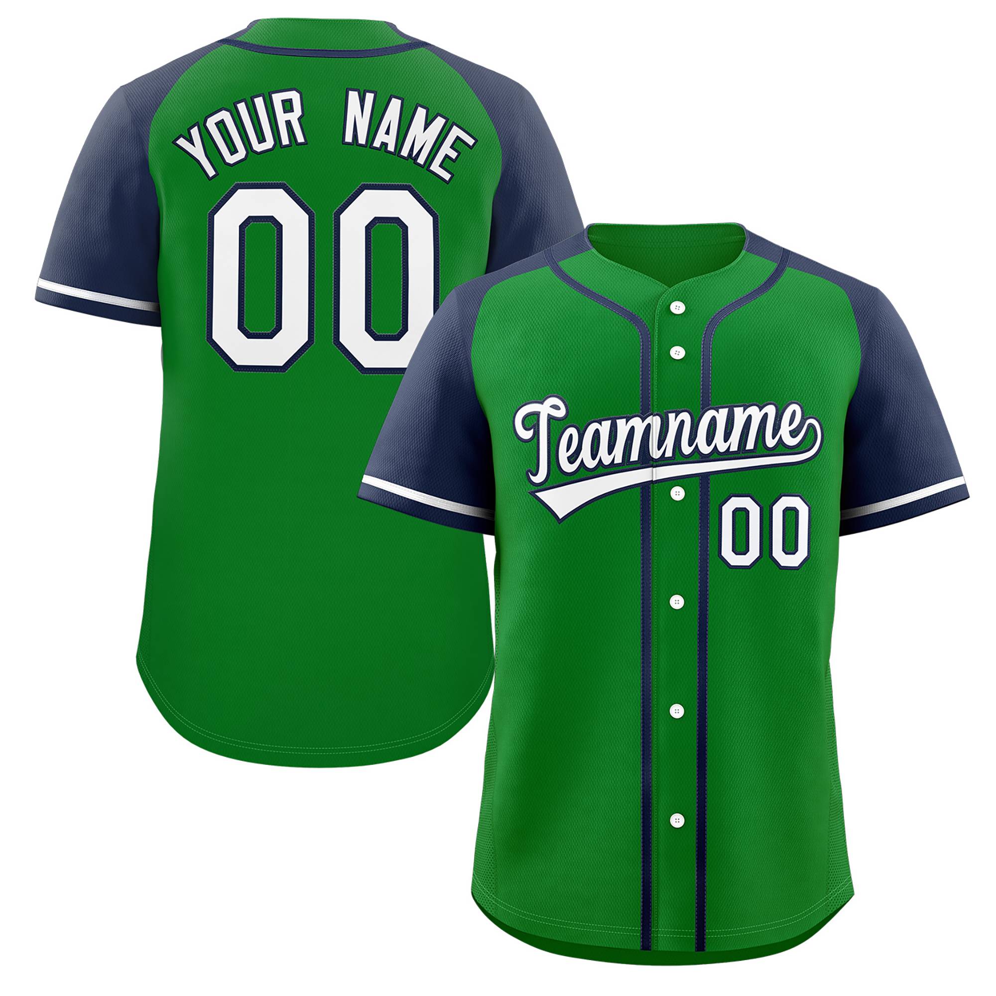 Custom Green White-Navy Raglan Sleeves Authentic Baseball Jersey