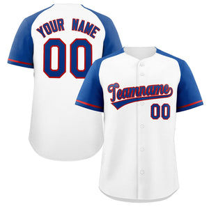 Maillot de baseball authentique à manches raglan blanc royal-rouge personnalisé