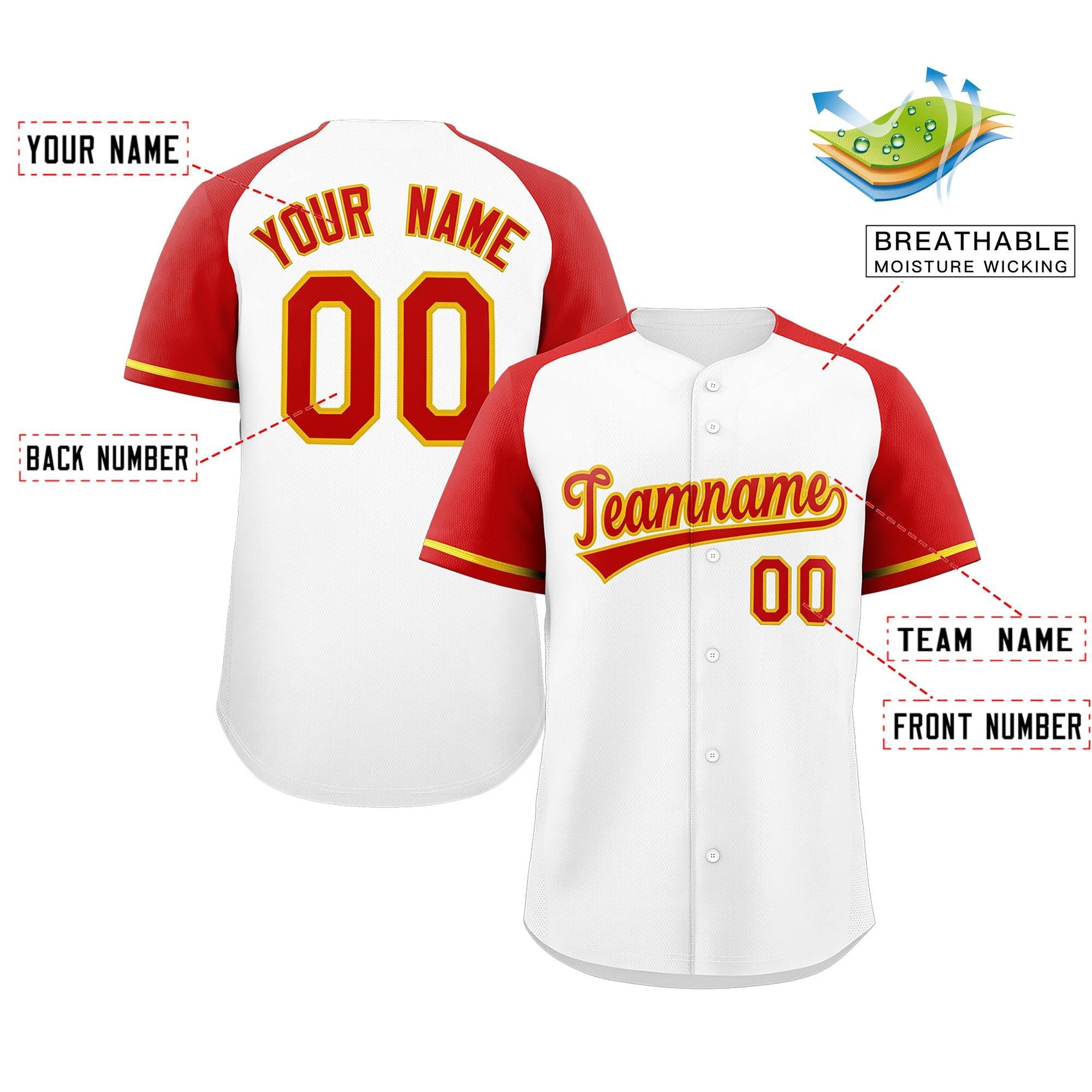 Maillot de baseball authentique à manches raglan blanc rouge-jaune personnalisé