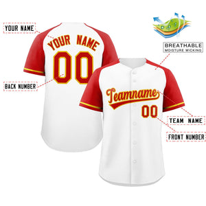 Maillot de baseball authentique à manches raglan blanc rouge-jaune personnalisé