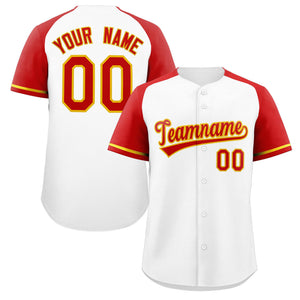 Maillot de baseball authentique à manches raglan blanc rouge-jaune personnalisé