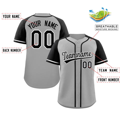 Custom Gray Black-White Raglan Sleeves Authentic Baseball Jersey