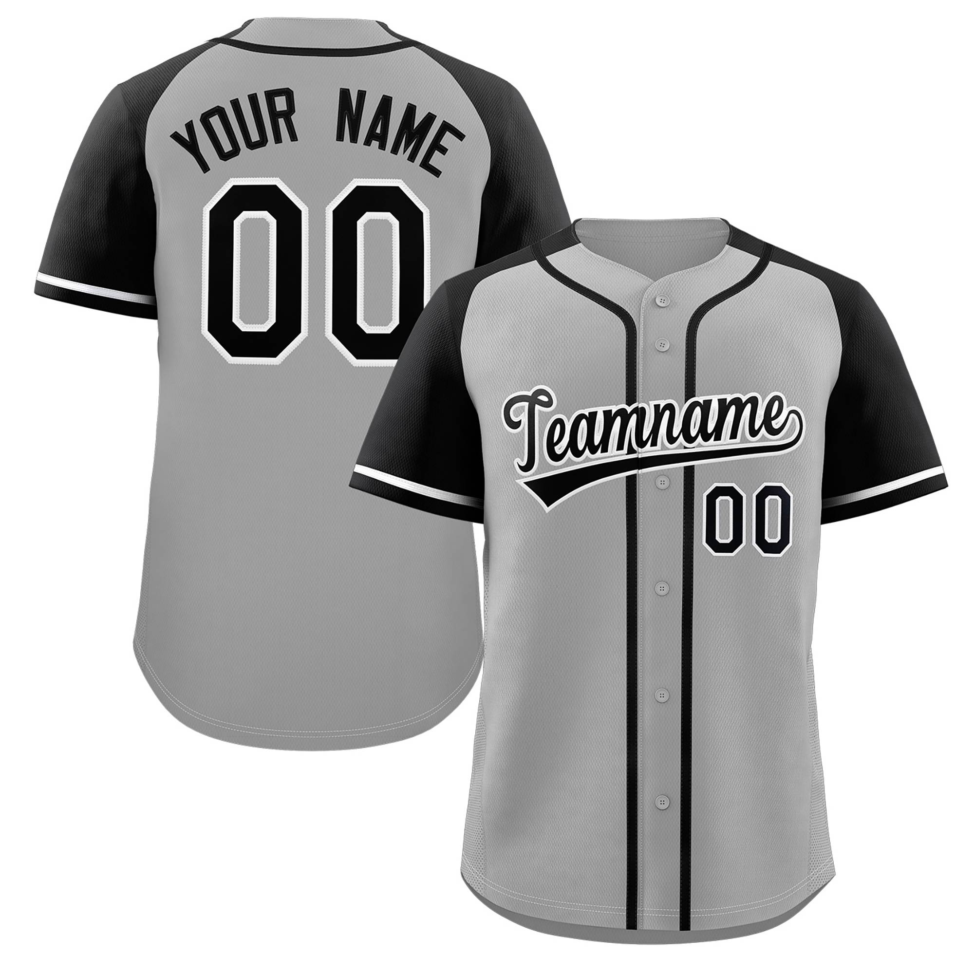 Maillot de baseball authentique à manches raglan gris noir-blanc personnalisé