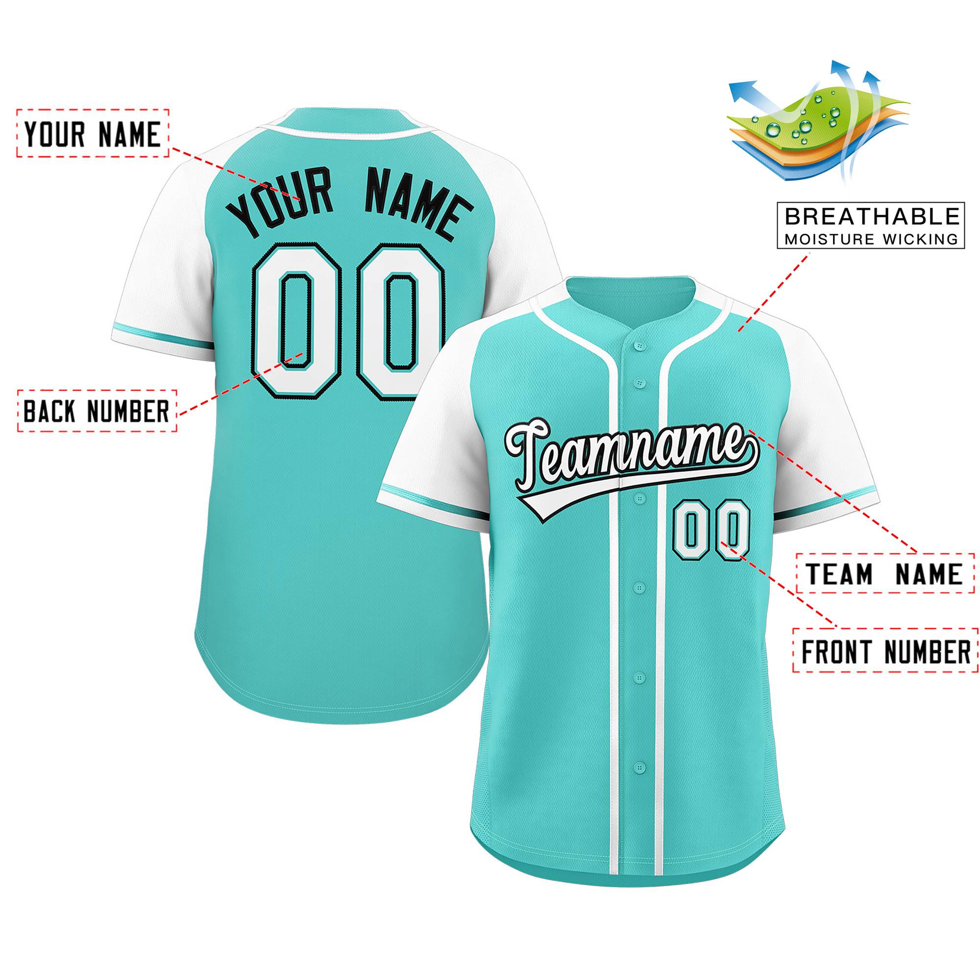 Maillot de baseball authentique à manches raglan Aqua personnalisé