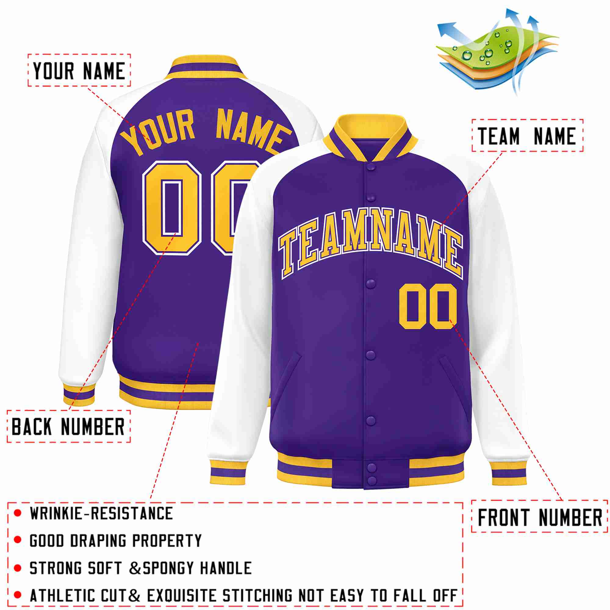 Custom Purple Gold-Purple Raglan Sleeves Varsity Full-Snap Letterman Jacket