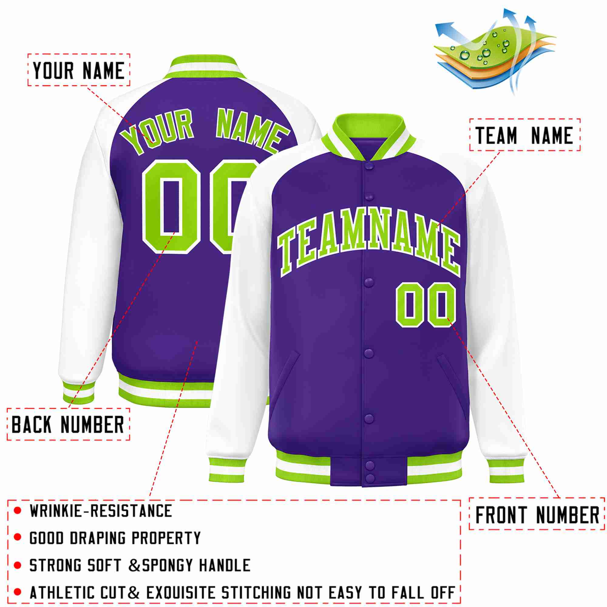 Custom Purple Neon Green-White Raglan Sleeves Varsity Full-Snap Letterman Jacket