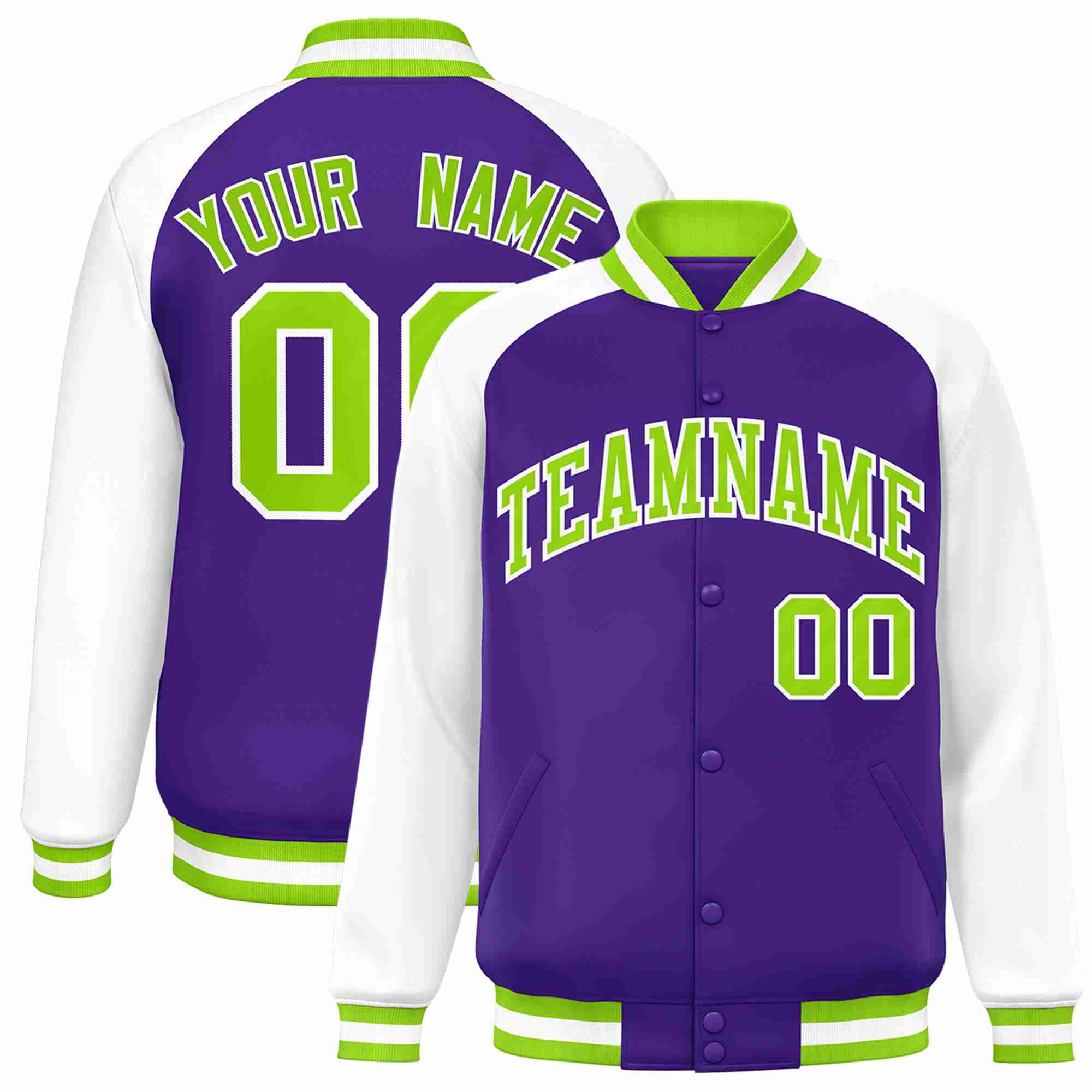 Veste Letterman universitaire à manches raglan violet fluo vert-blanc personnalisée