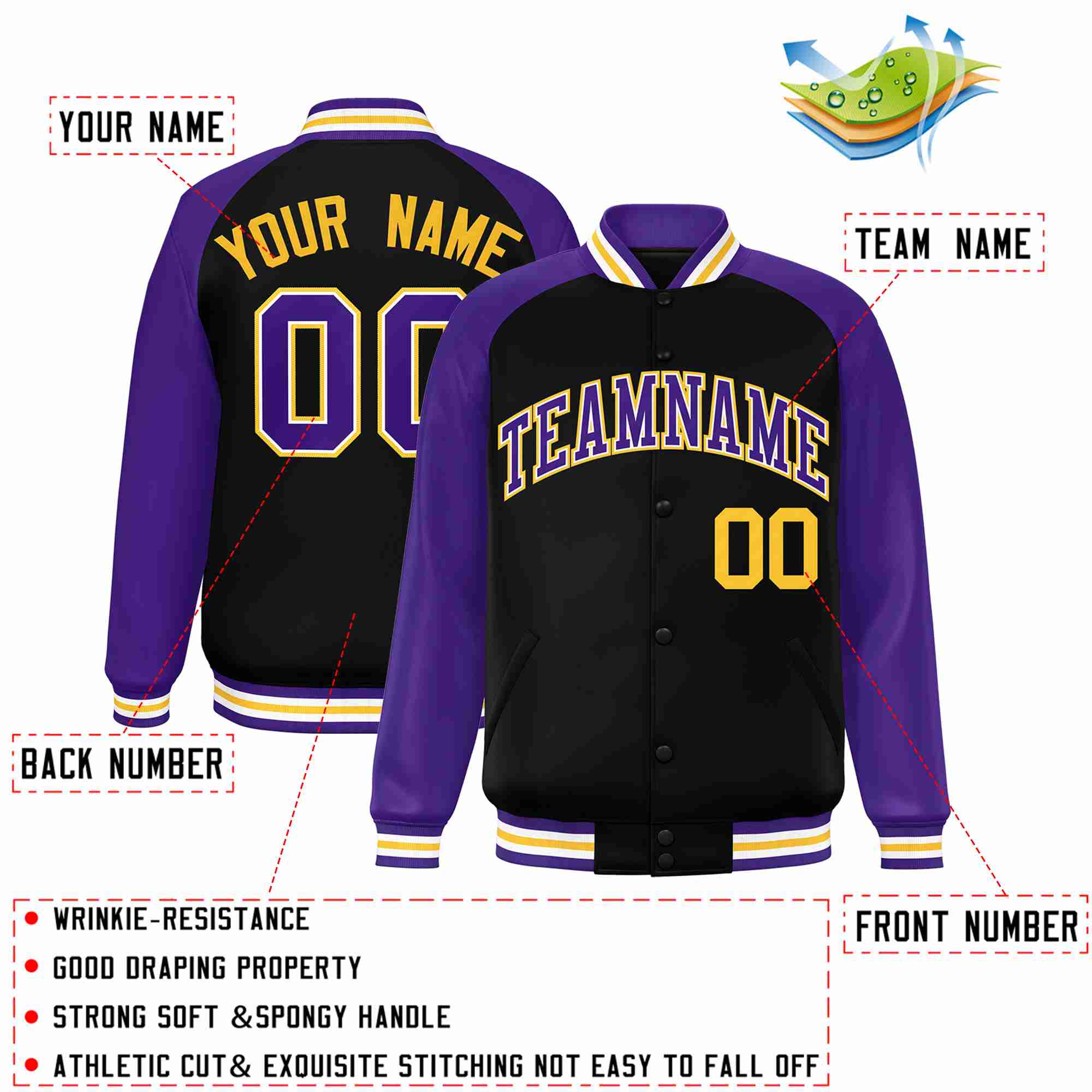 Veste Letterman Varsity Full-Snap à manches raglan personnalisées noir violet-blanc