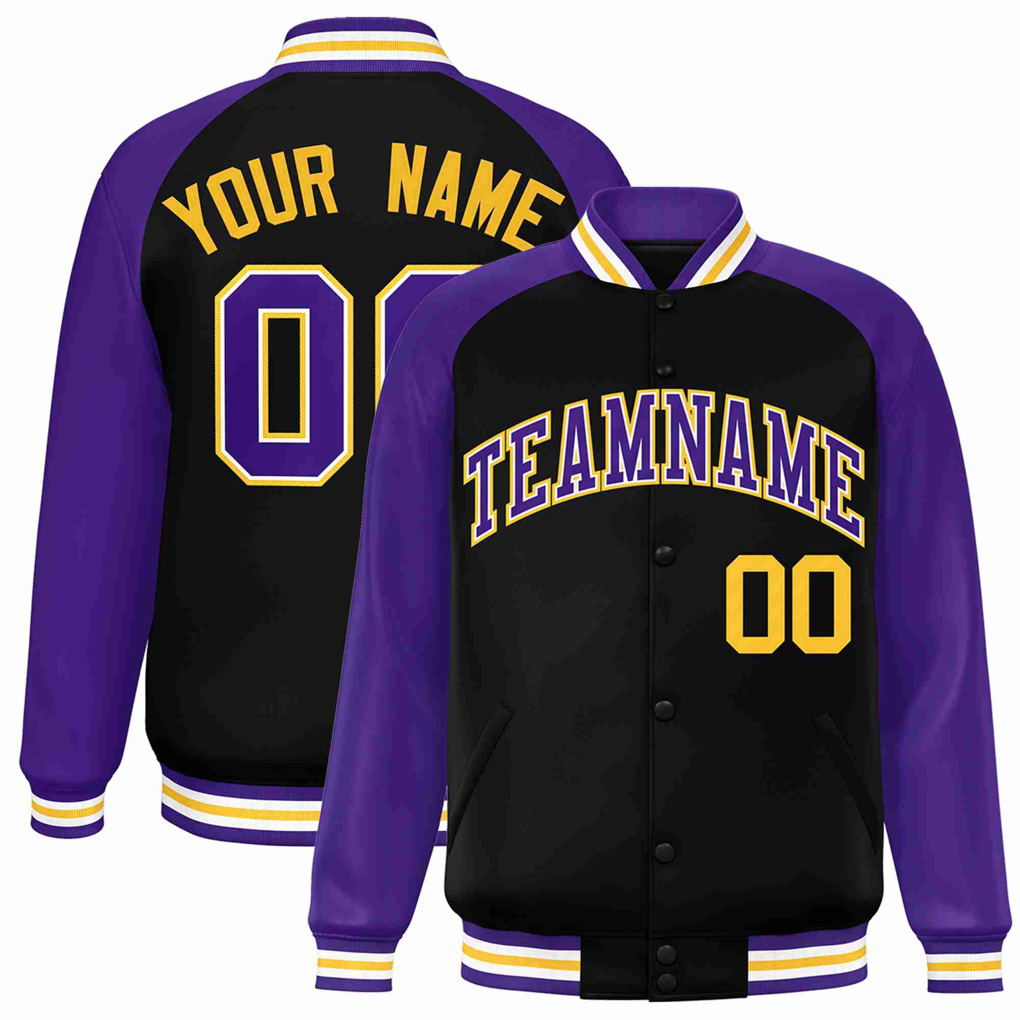 Veste Letterman Varsity Full-Snap à manches raglan personnalisées noir violet-blanc