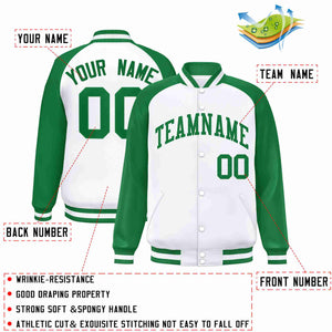 Custom White Green Raglan Sleeves Varsity Full-Snap Letterman Jacket