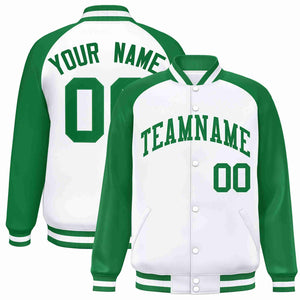 Custom White Green Raglan Sleeves Varsity Full-Snap Letterman Jacket