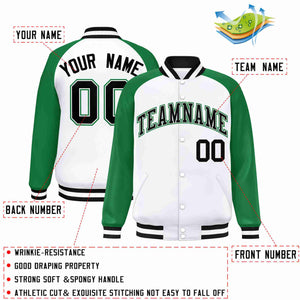 Custom White Black-White Raglan Sleeves Varsity Full-Snap Letterman Jacket