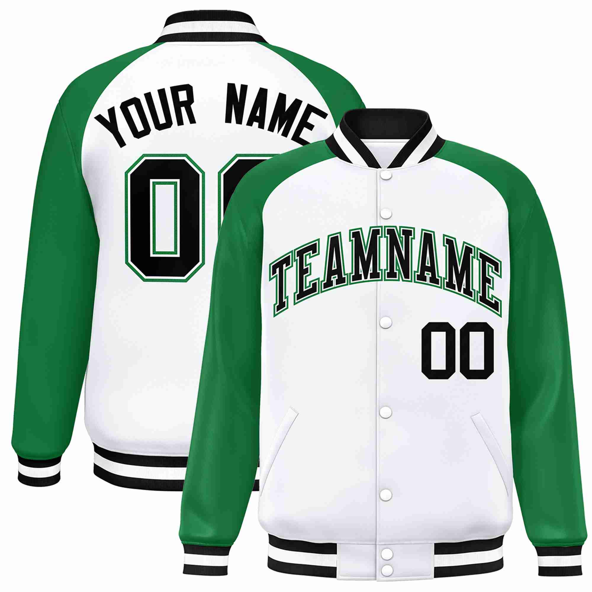 Veste Letterman Varsity Full-Snap à manches raglan blanc noir-blanc personnalisée