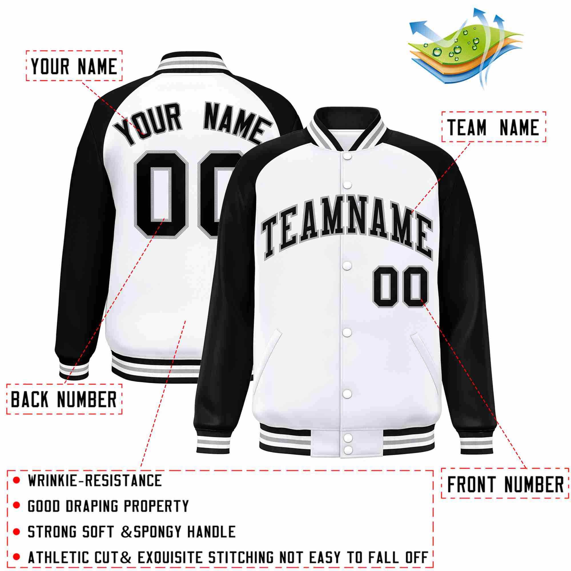 Custom White Black-Gray Raglan Sleeves Varsity Full-Snap Letterman Jacket