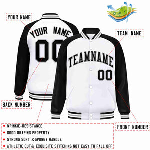 Custom White Black-Gray Raglan Sleeves Varsity Full-Snap Letterman Jacket