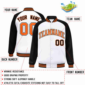 Veste Letterman Varsity Full-Snap à manches raglan blanc-orange-blanc personnalisée