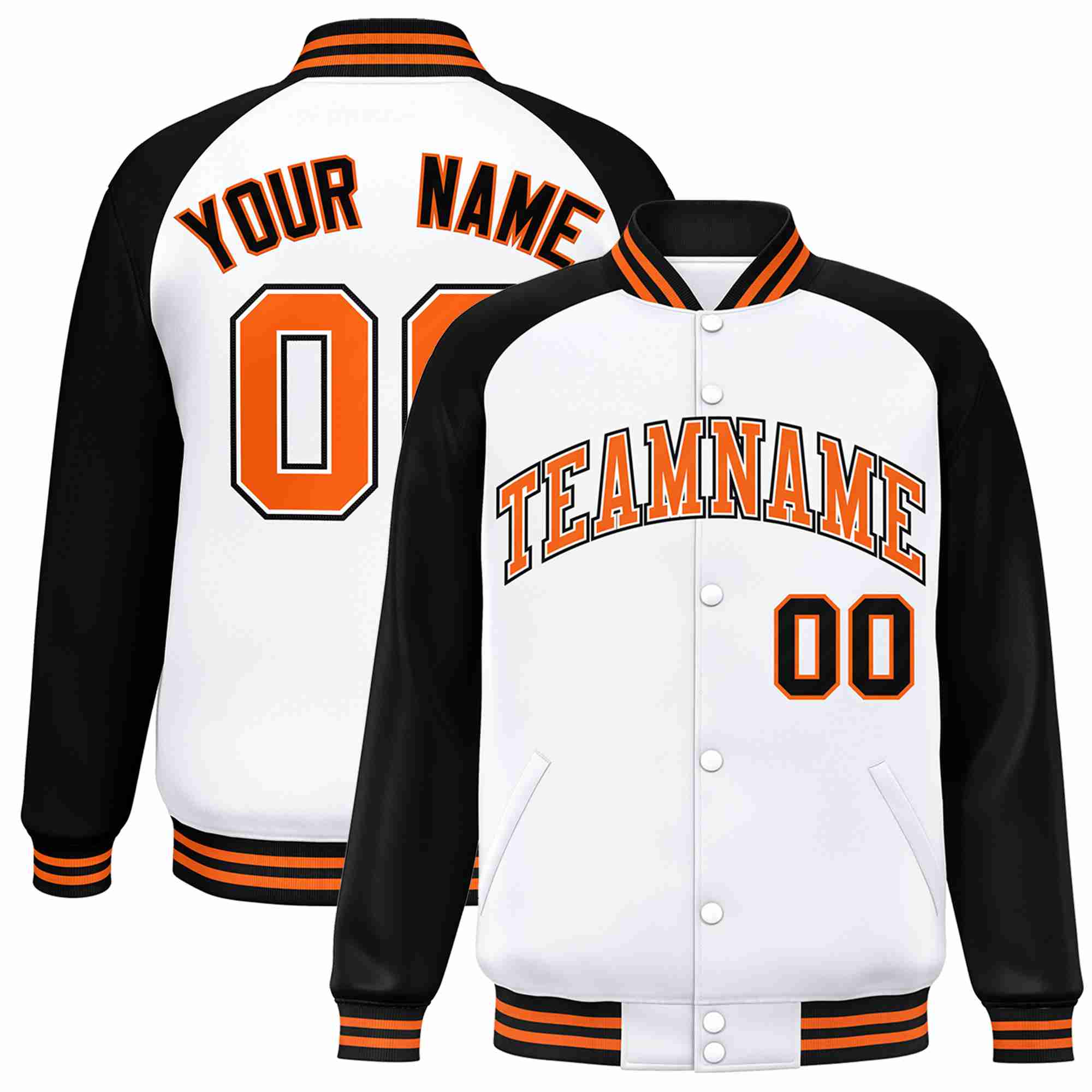 Veste Letterman Varsity Full-Snap à manches raglan blanc-orange-blanc personnalisée