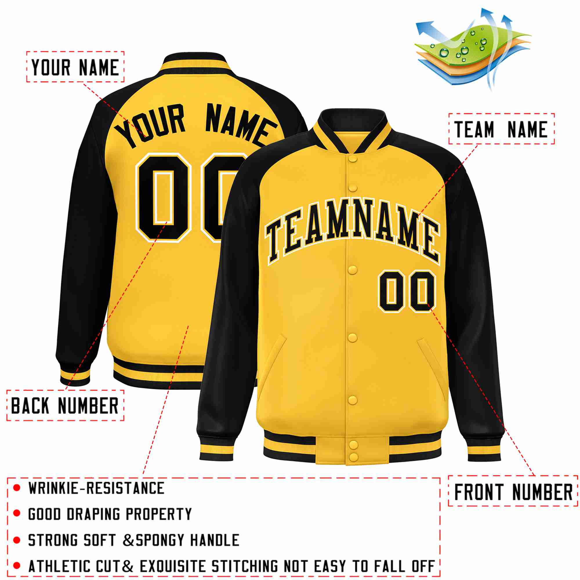 Custom Gold Black-Gold Raglan Sleeves Varsity Full-Snap Letterman Jacket