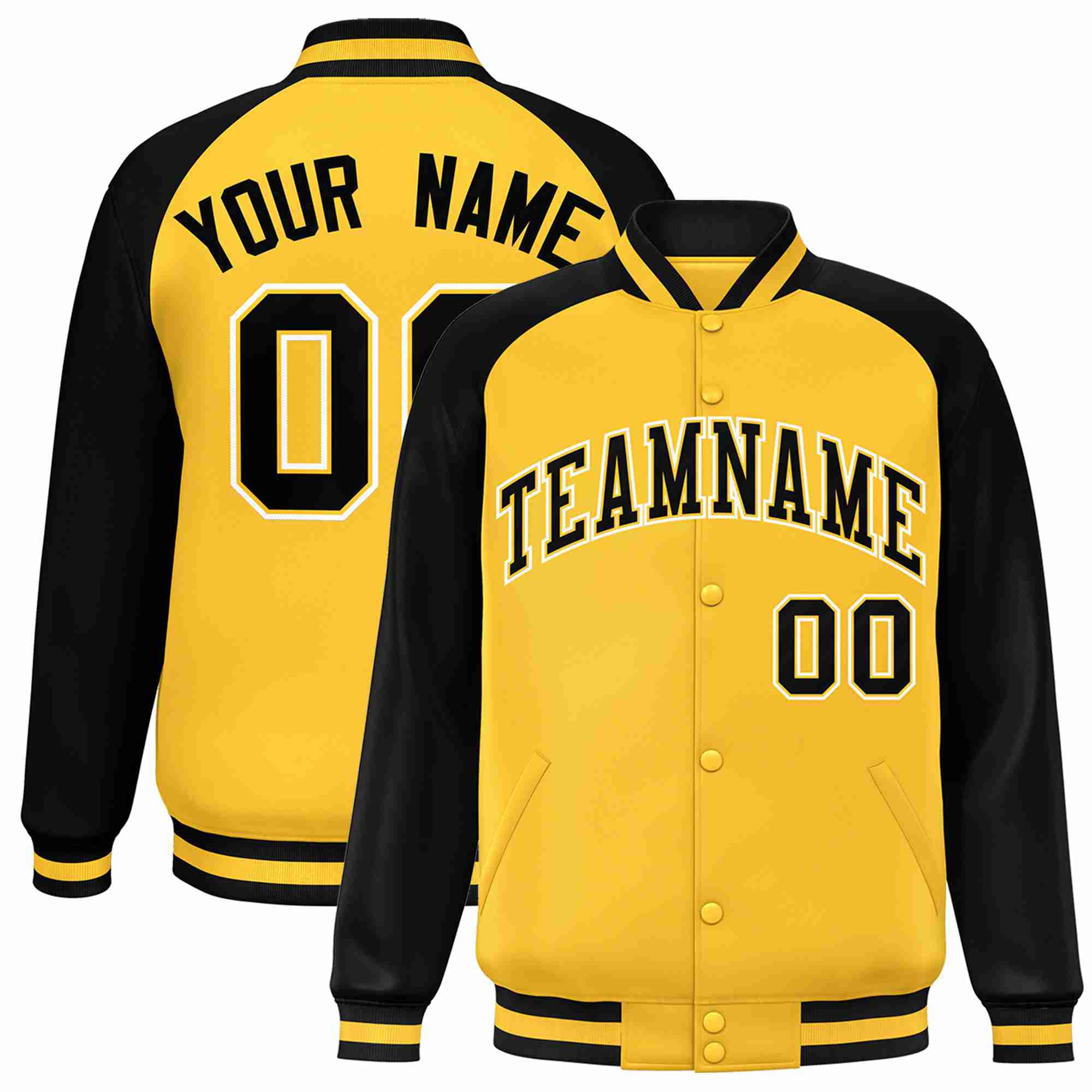 Veste Letterman Varsity Full-Snap à manches raglan personnalisées en or noir-or