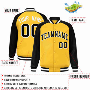 Veste Letterman Varsity Full-Snap à manches raglan personnalisées en or noir et blanc