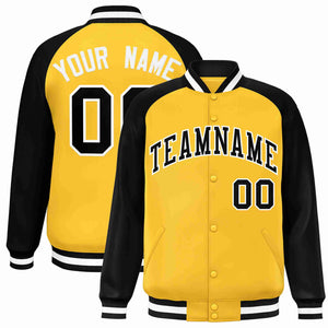 Veste Letterman Varsity Full-Snap à manches raglan personnalisées en or noir et blanc