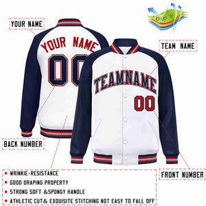 Custom White Navy-Gray Raglan Sleeves Varsity Full-Snap Letterman Jacket