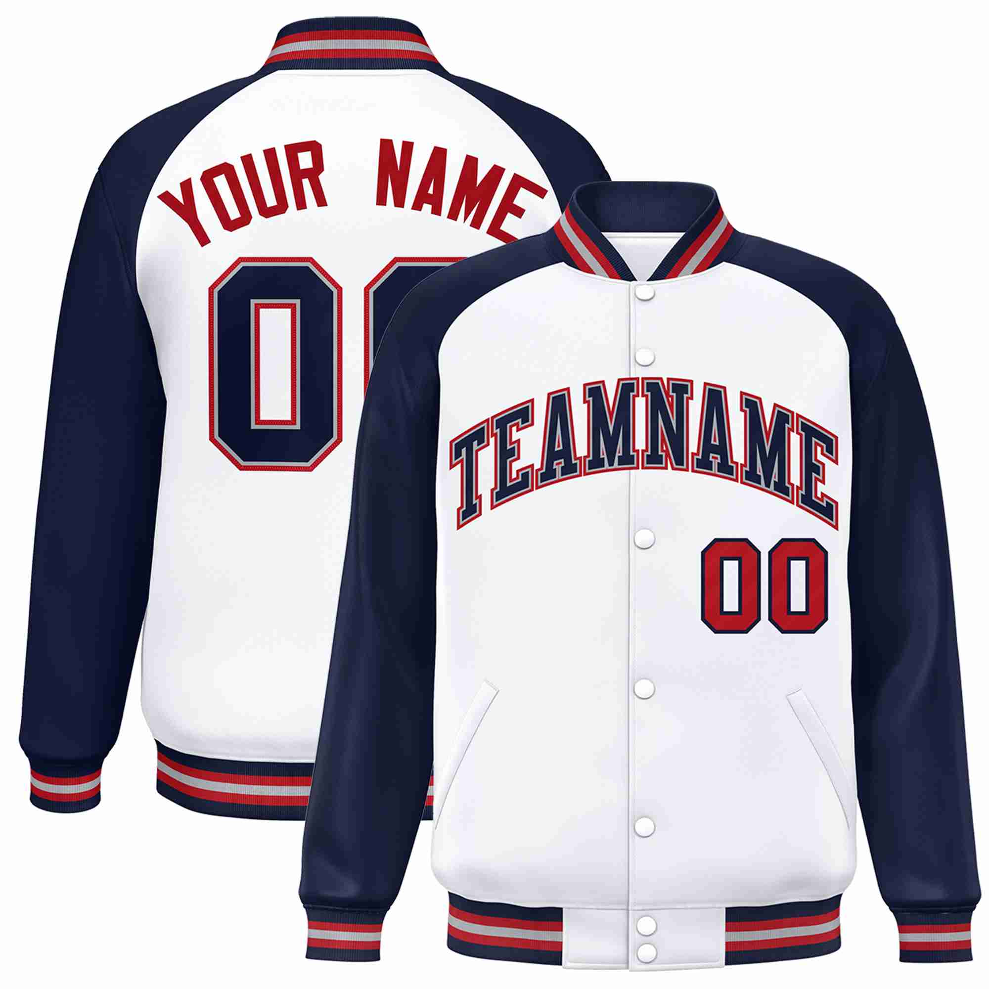 Veste Letterman Varsity Full-Snap personnalisée à manches raglan blanc-gris marine