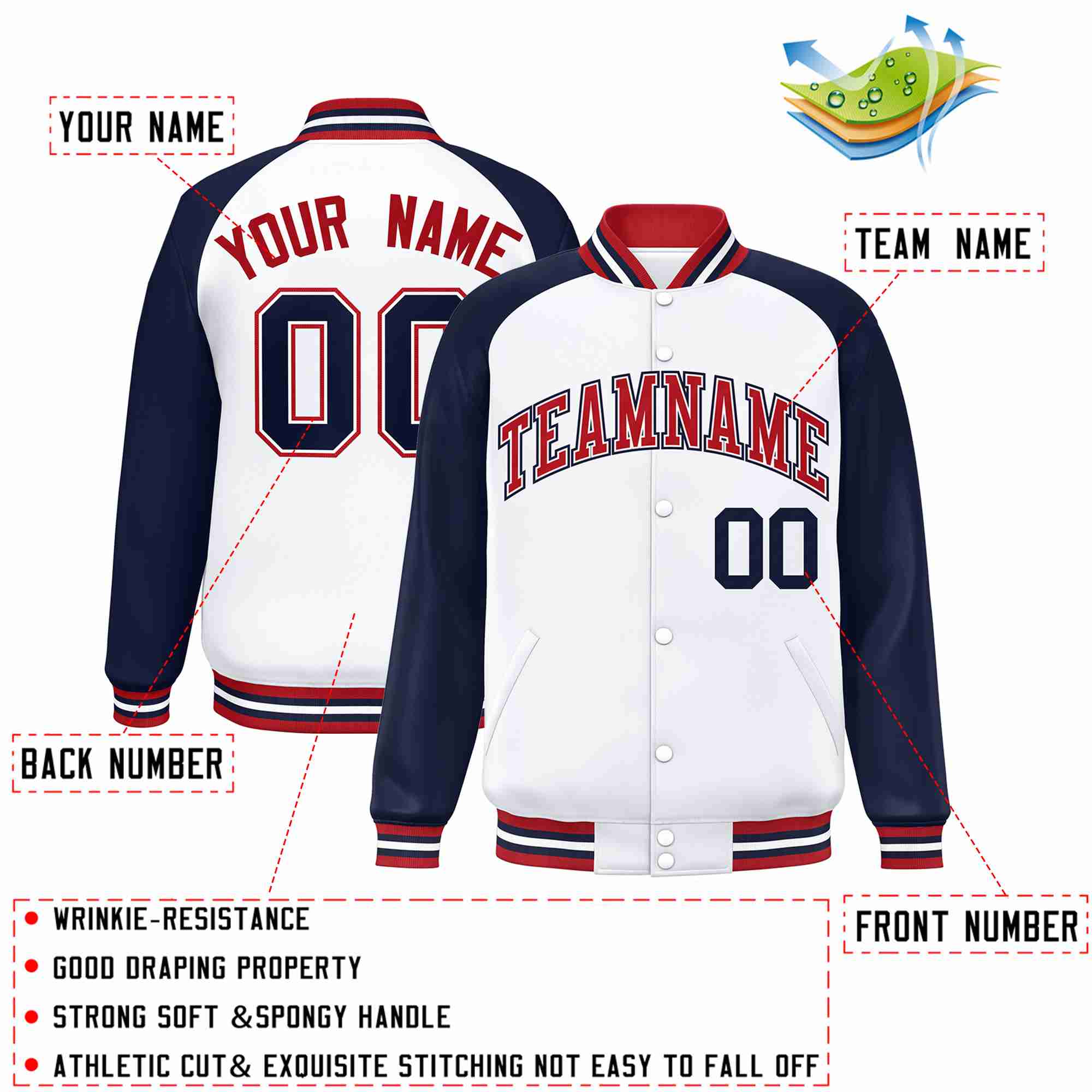 Custom White Red-White Raglan Sleeves Varsity Full-Snap Letterman Jacket