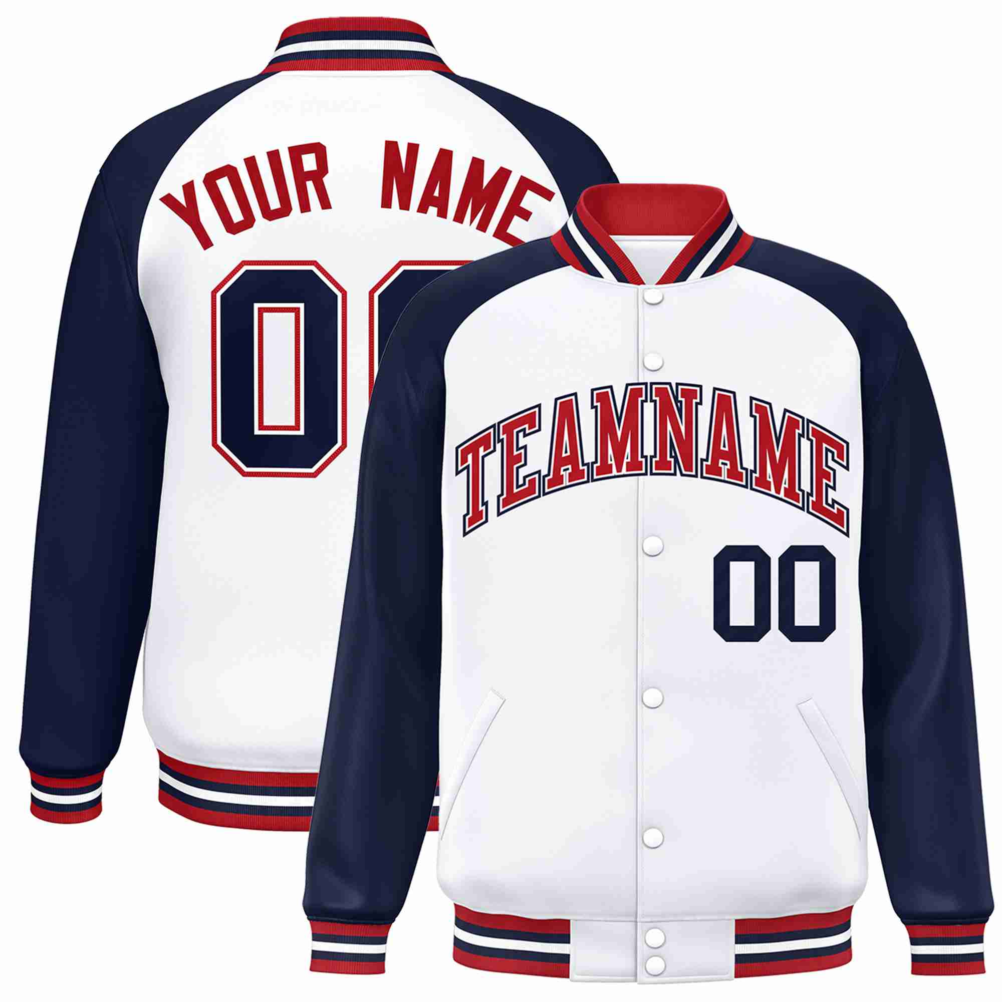 Veste Letterman Varsity Full-Snap à manches raglan blanc rouge-blanc personnalisée