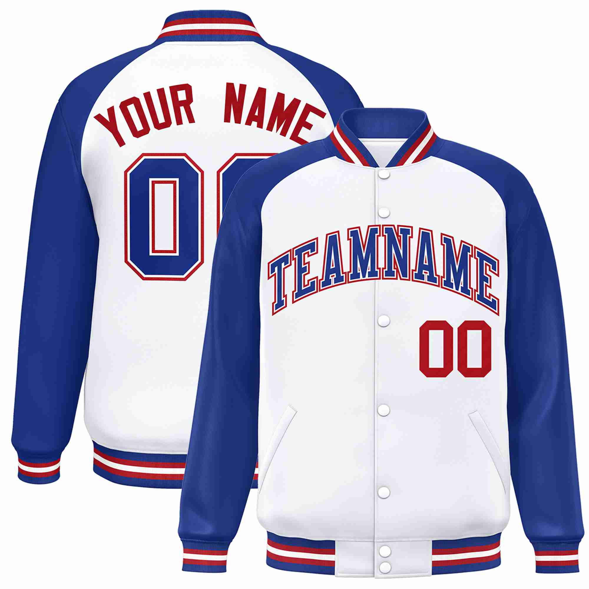 Veste Letterman Varsity Full-Snap à manches raglan blanc royal-blanc personnalisée