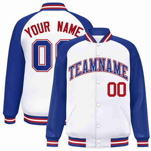 Custom White Royal-White Raglan Sleeves Varsity Full-Snap Letterman Jacket