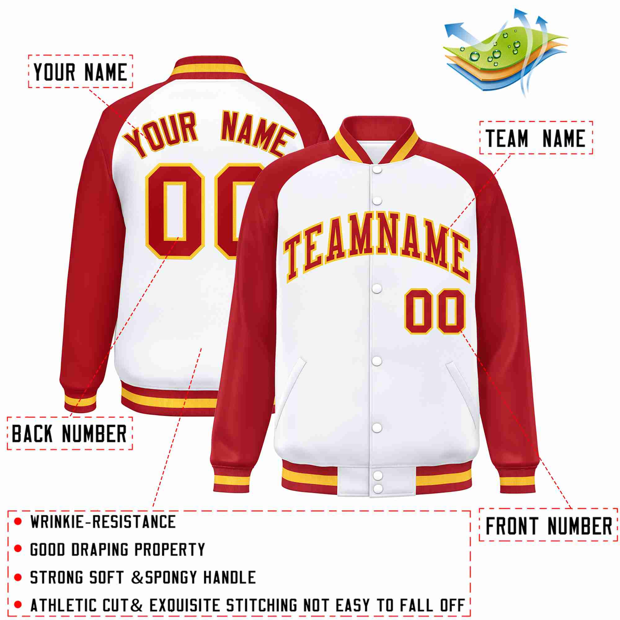 Custom White Red-Gold Raglan Sleeves Varsity Full-Snap Letterman Jacket