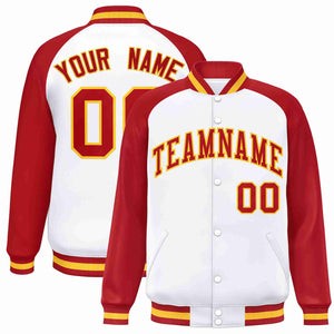 Veste Letterman Varsity Full-Snap à manches raglan personnalisées blanc rouge-or