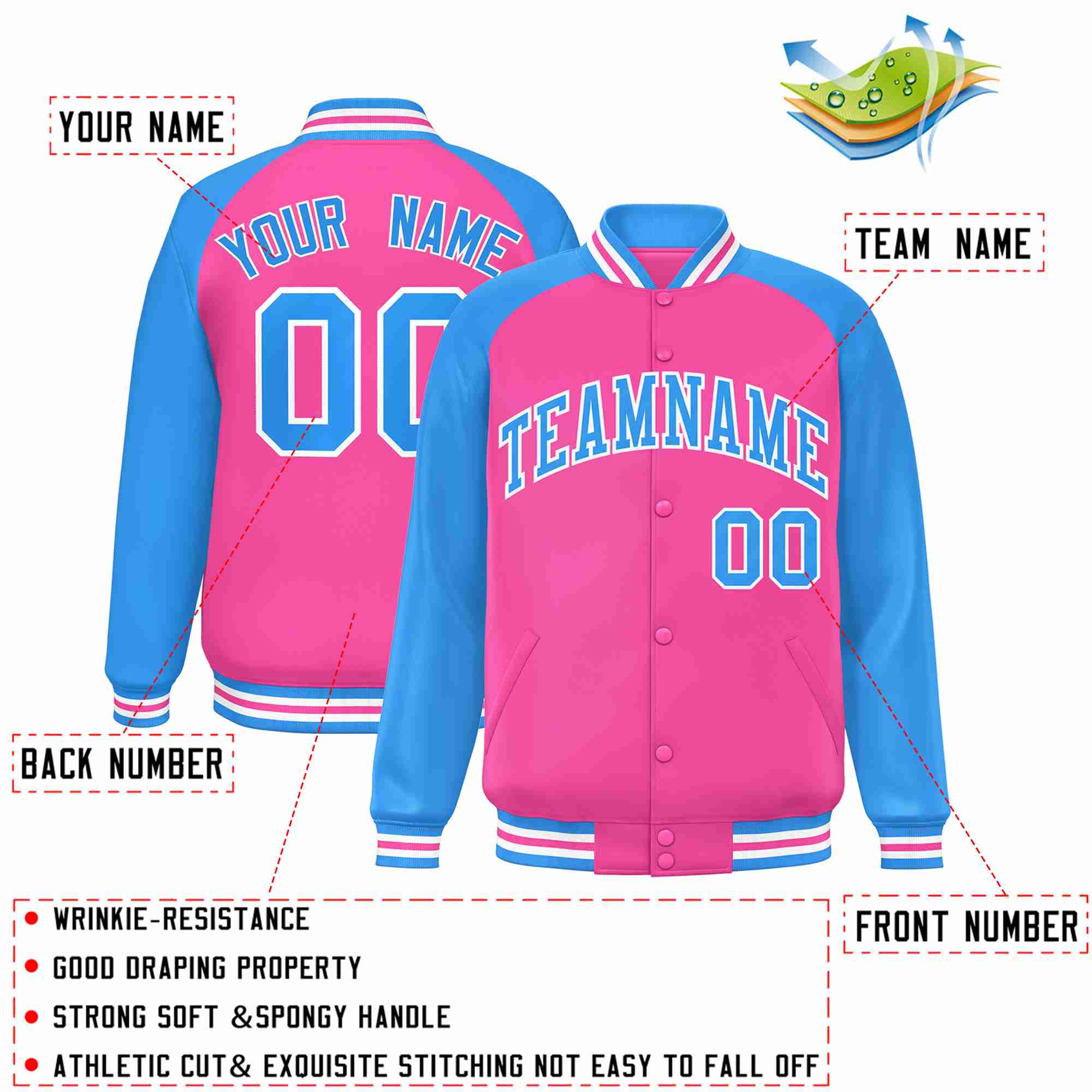 Custom Pink Powder Blue-White Raglan Sleeves Varsity Full-Snap Letterman Jacket