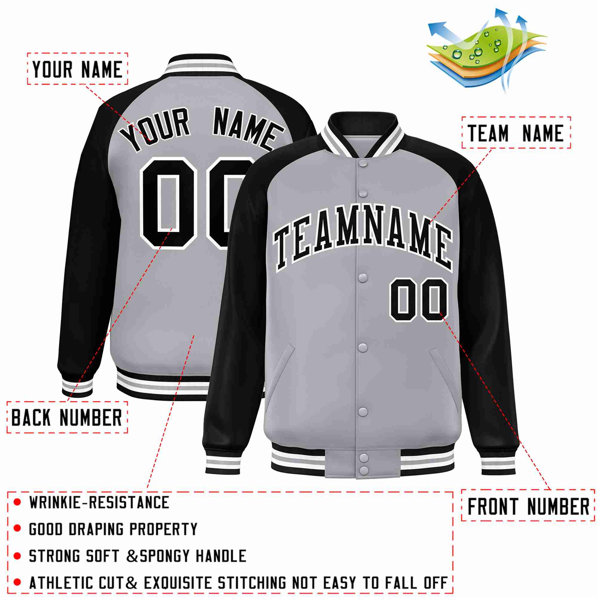 Custom Gray Black-White Raglan Sleeves Varsity Full-Snap Letterman Jacket