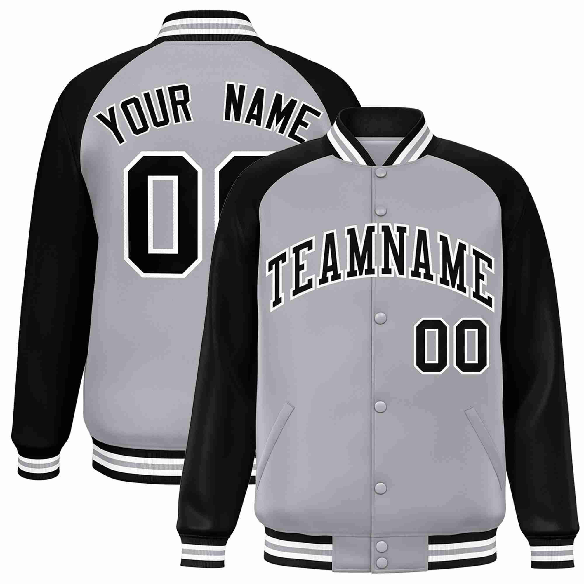 Veste Letterman Varsity Full-Snap à manches raglan gris noir-blanc personnalisée