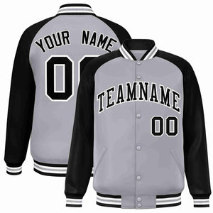 Veste Letterman Varsity Full-Snap à manches raglan gris noir-blanc personnalisée