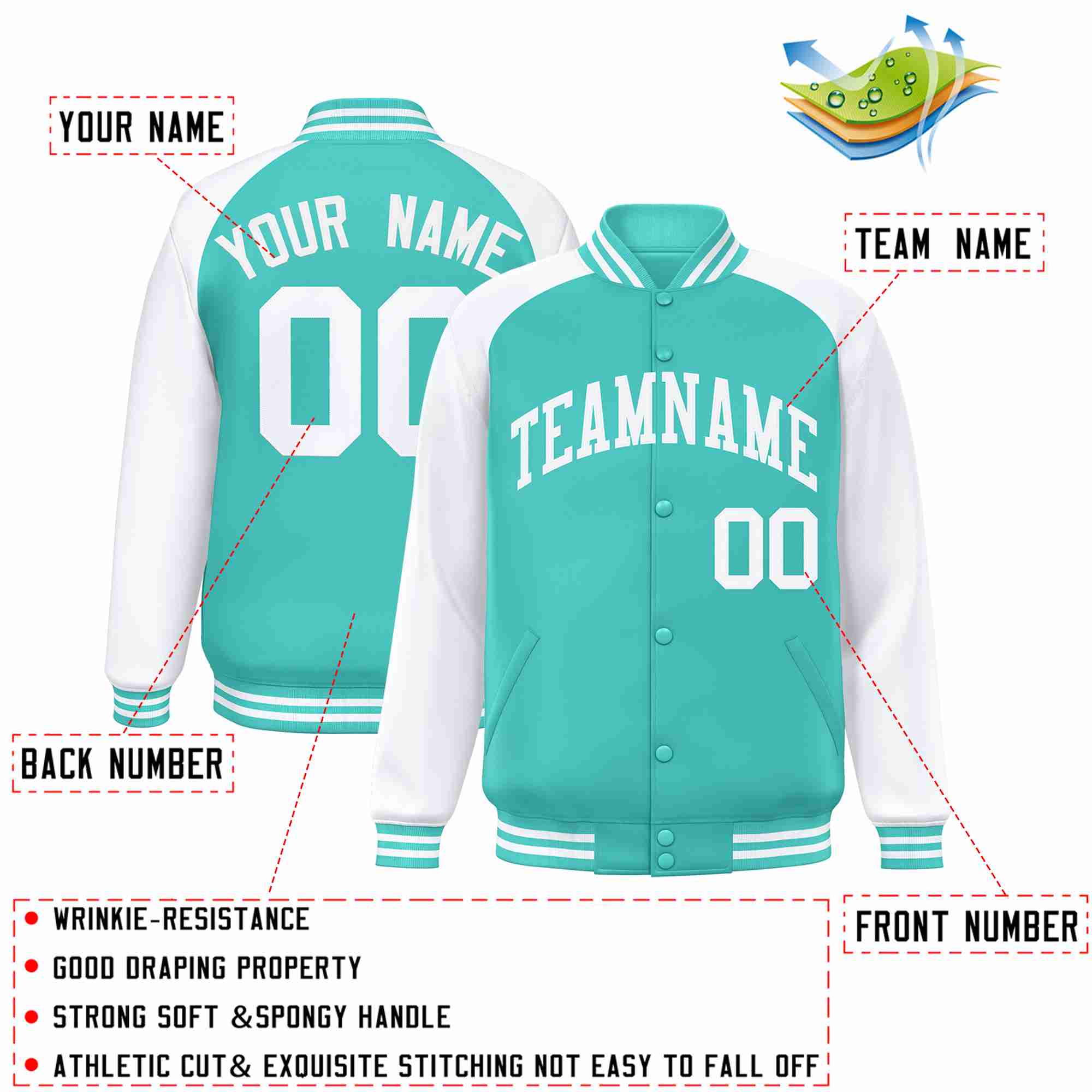 Custom Aqua White Raglan Sleeves Varsity Full-Snap Letterman Jacket