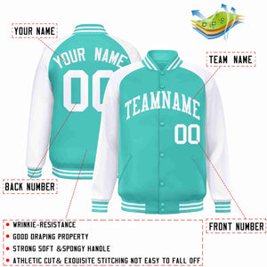 Veste Letterman Varsity Full-Snap à manches raglan blanches Aqua personnalisées