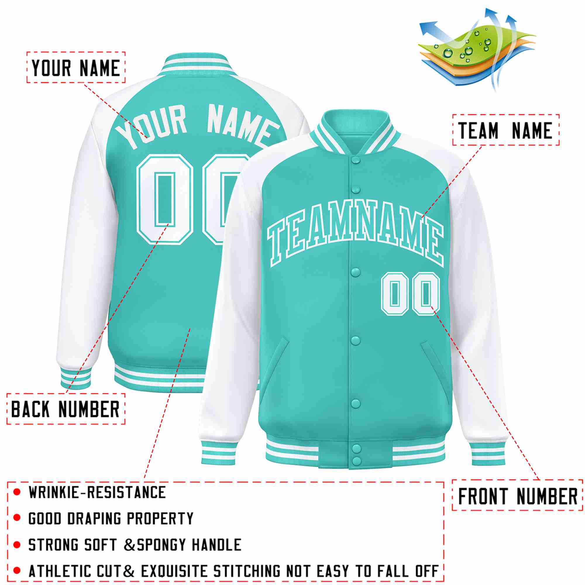 Veste Letterman Varsity Full-Snap à manches raglan blanches Aqua personnalisées