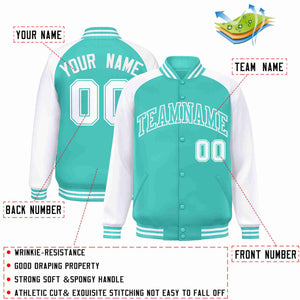 Custom Aqua White Raglan Sleeves Varsity Full-Snap Letterman Jacket