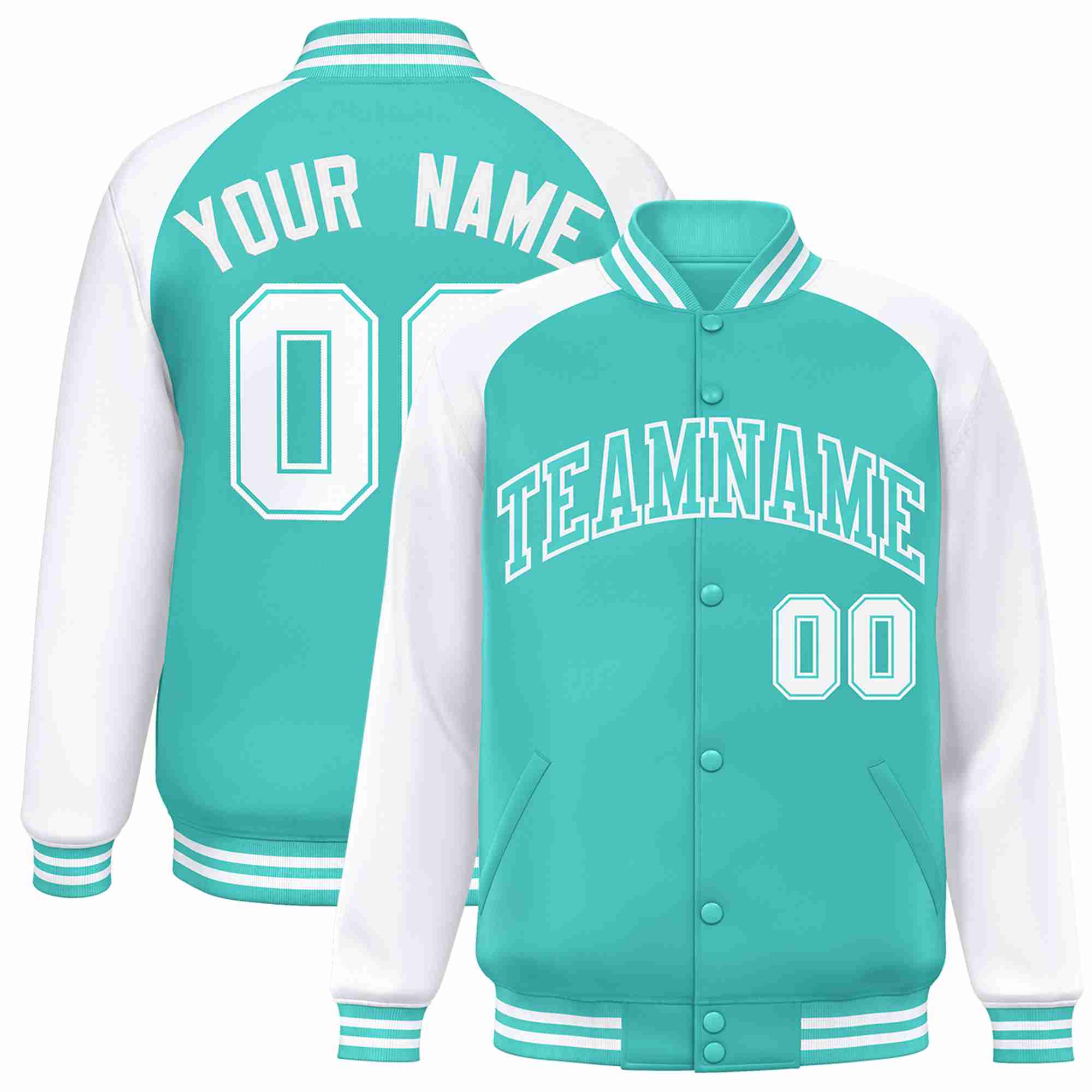 Veste Letterman Varsity Full-Snap à manches raglan blanches Aqua personnalisées