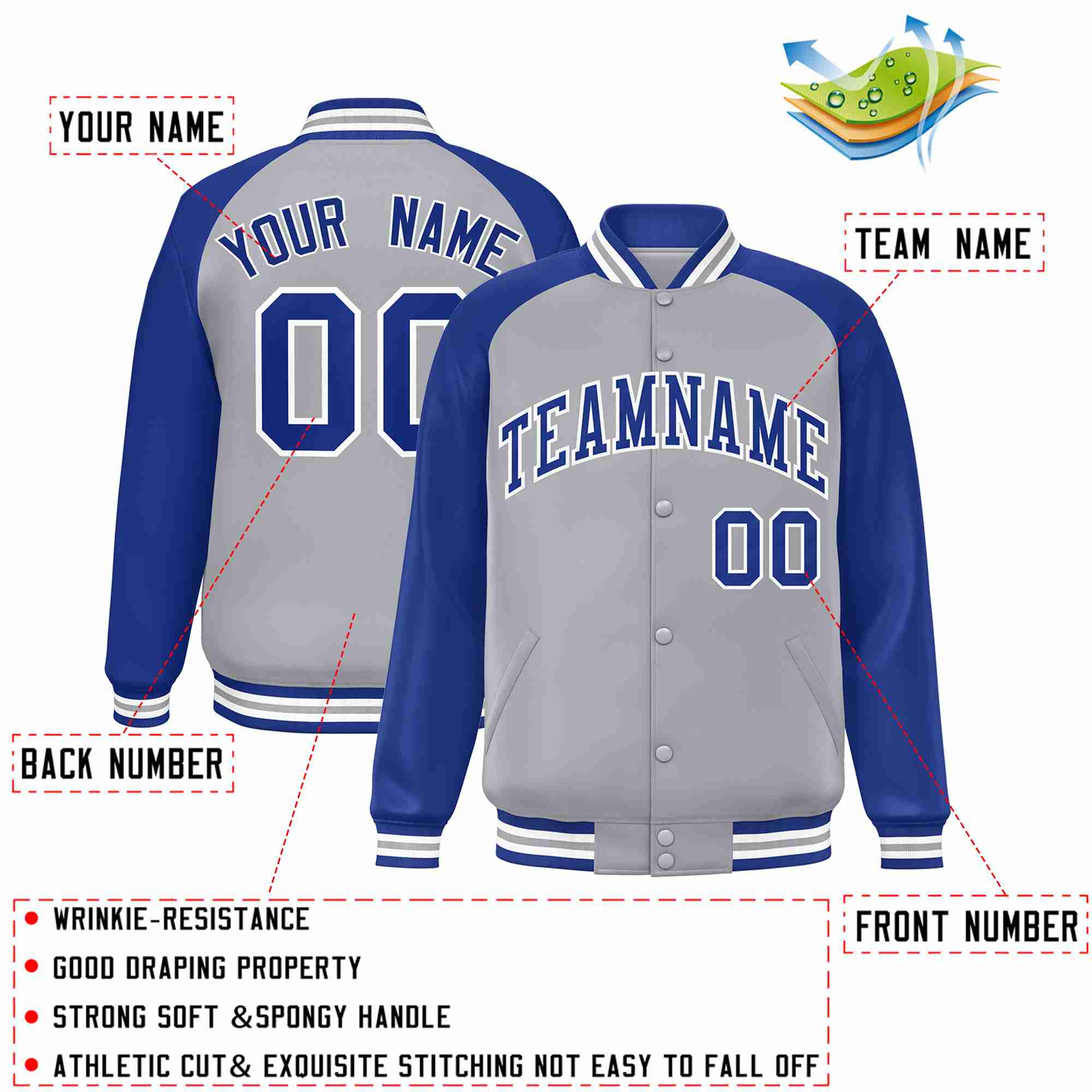 Custom Gray Royal-White Raglan Sleeves Varsity Full-Snap Letterman Jacket