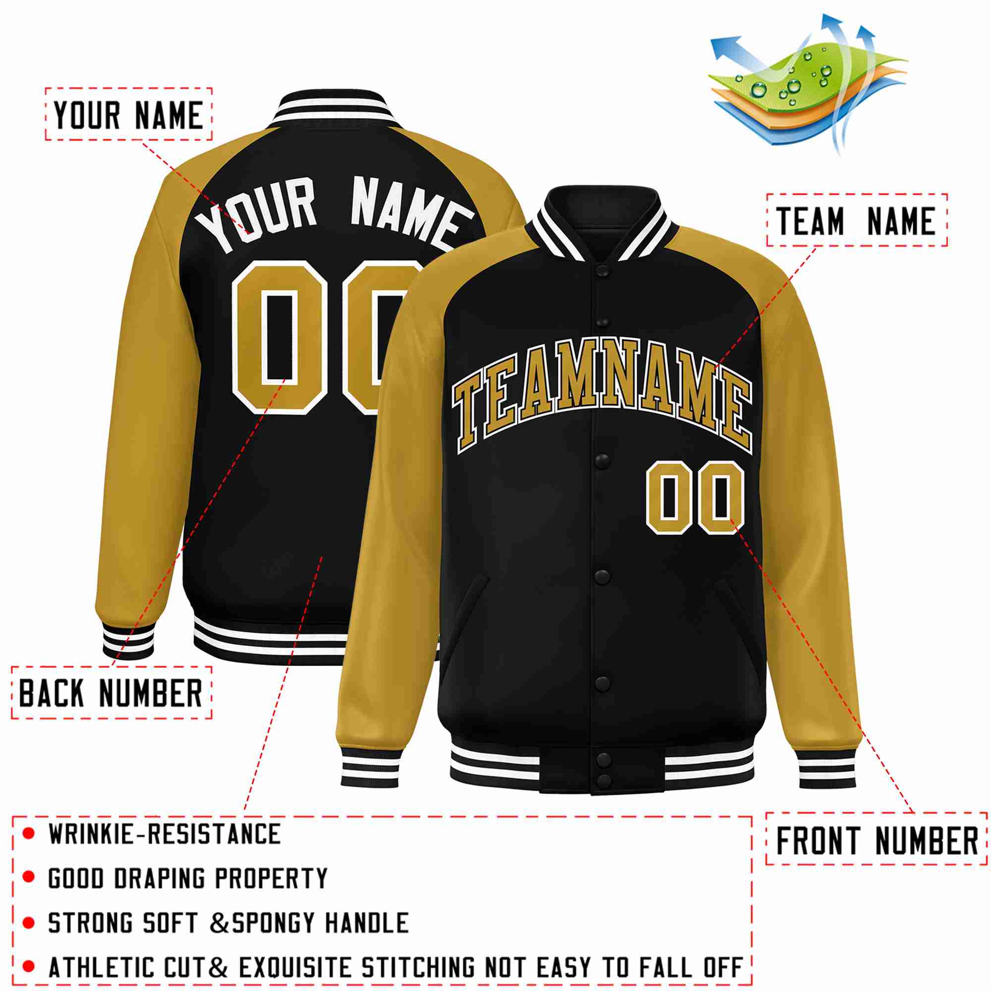 Custom Black Old Gold-Black Raglan Sleeves Varsity Full-Snap Letterman Jacket